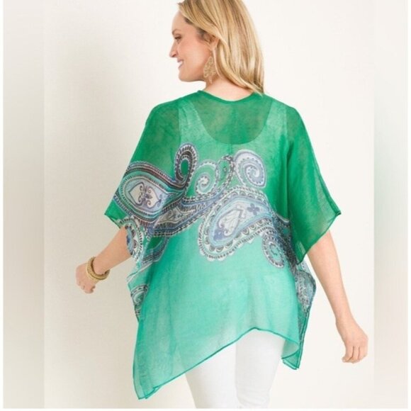 Chicos Women’s 100% Linen Poncho Blouse Cover Up Top Boho Beach S M Paisley - Picture 3 of 11